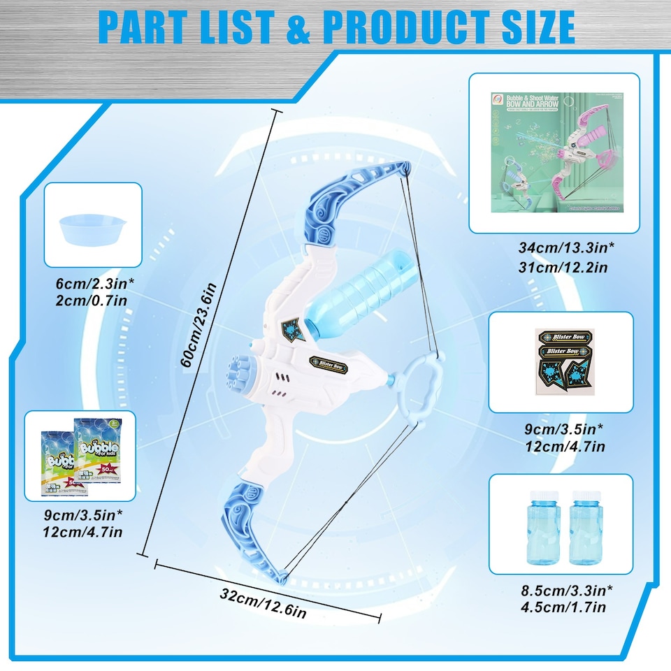 image 1 of 3-in-1 Blue Bow and Arrow Bubble Gun – Water Blaster Archery Toy with Lights – Leak-Proof Outdoor Summer Gift for Kids Ages 3+