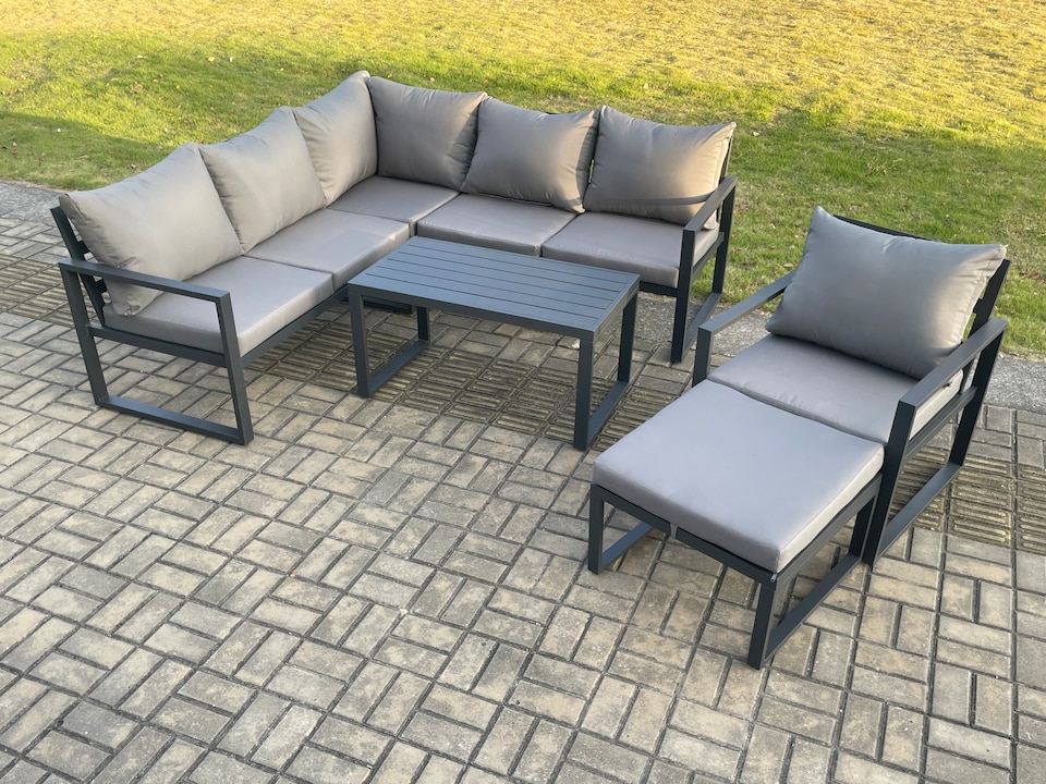 image 1 of Fimous Aluminium Outdoor Garden Furniture Set Lounge Sofa Oblong Coffee Table Sets with Chair Big Footstool Indoor Conservatory Set Dark Grey