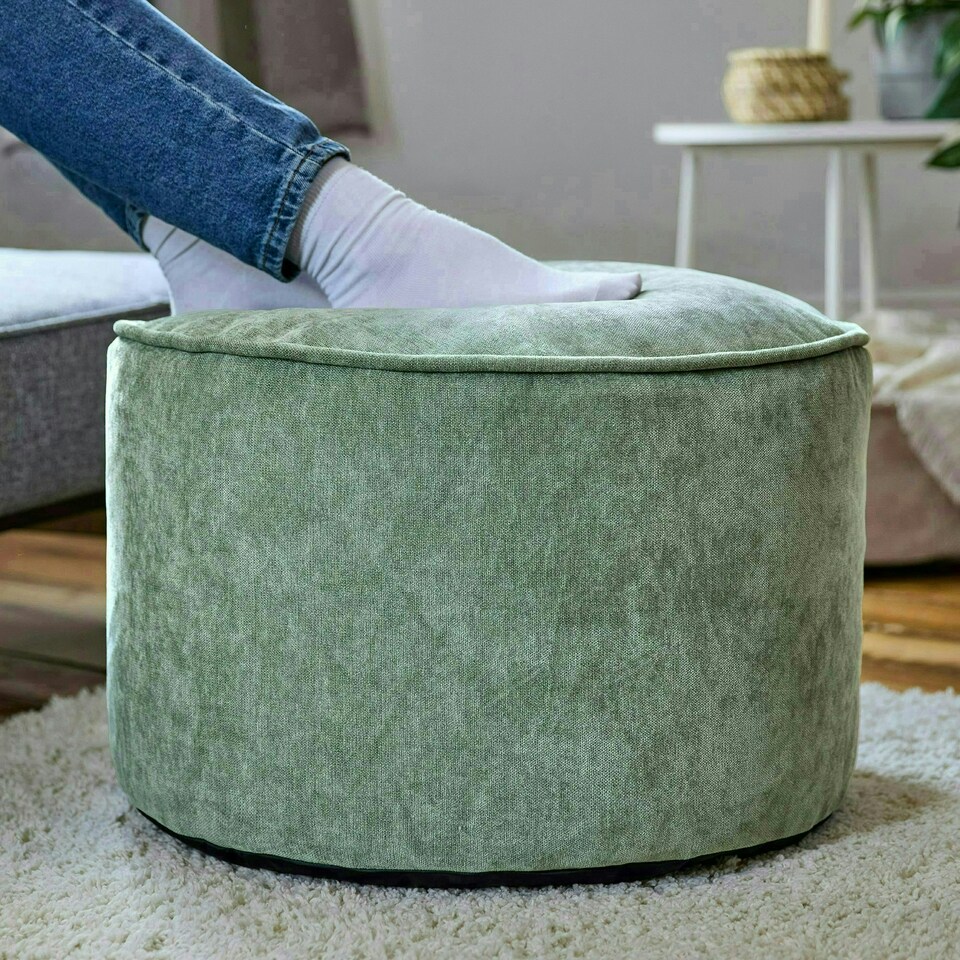 image 1 of icon Round Chenille Bean Bag Pouffe Sage Green Large Chenille Footstool Green