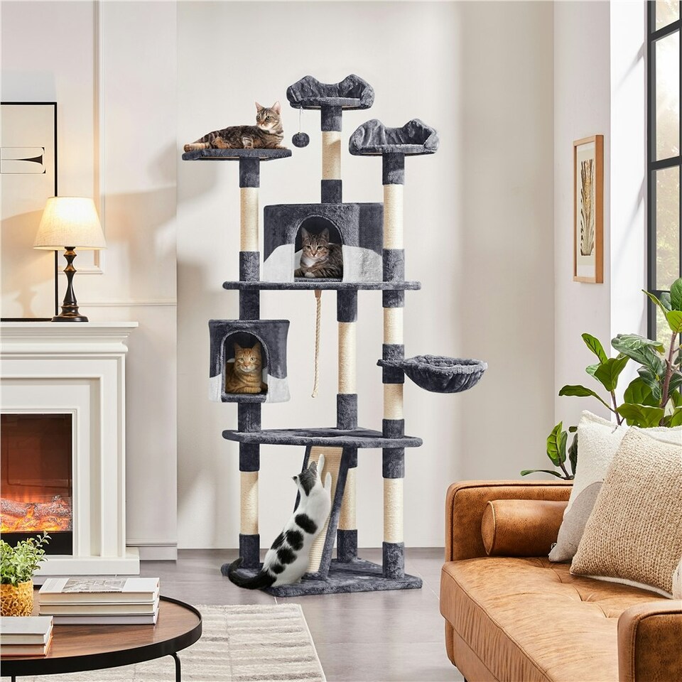 image 1 of Yaheetech 200 cm Multilevel Cat Tree with Two Condos Dark Grey