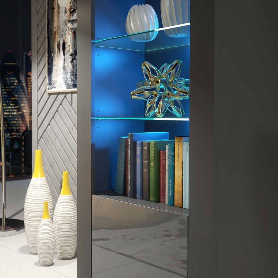 image 1 of Display Cabinet Bookcase Sideboard Storage Cabinet Cupboard Grey High Gloss LED 170cm