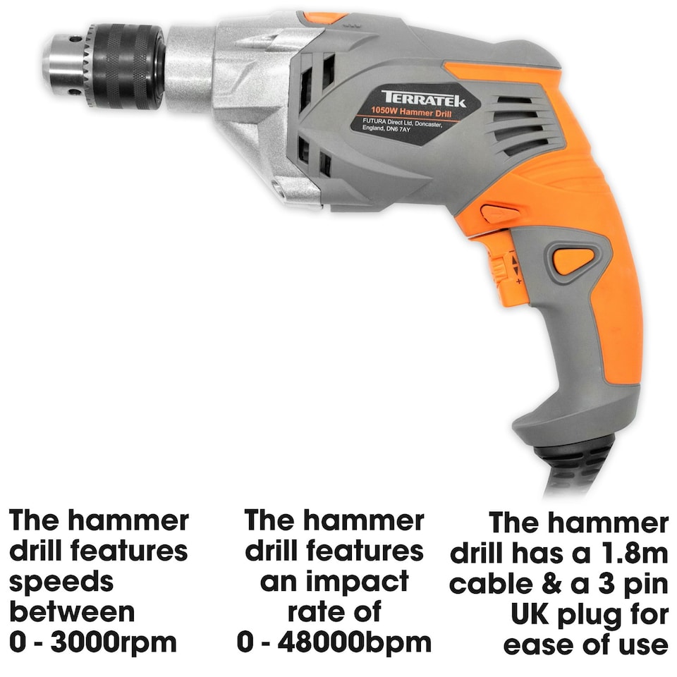 image 1 of Terratek Electric Corded Hammer Drill 1050W, Variable Speed Auxiliary Handle Included
