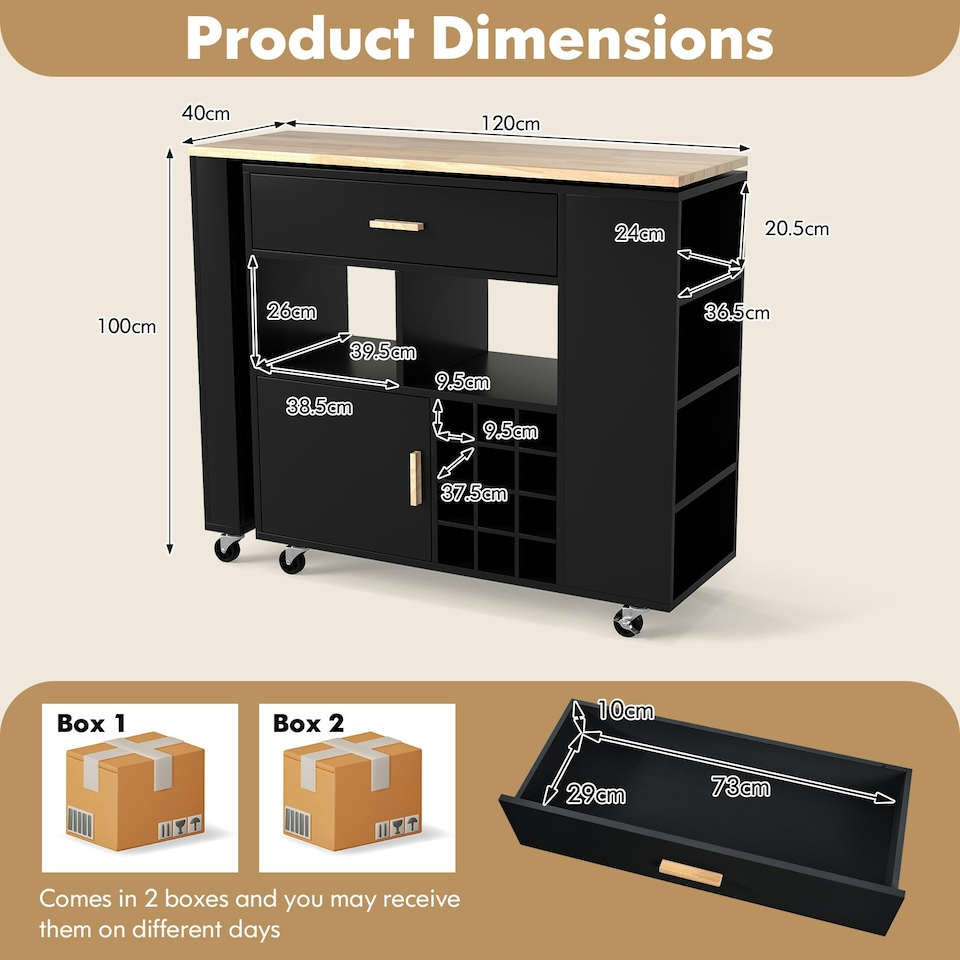 image 1 of COSTWAY 2-in-1 Kitchen Island Bar Table Storage Trolley Black