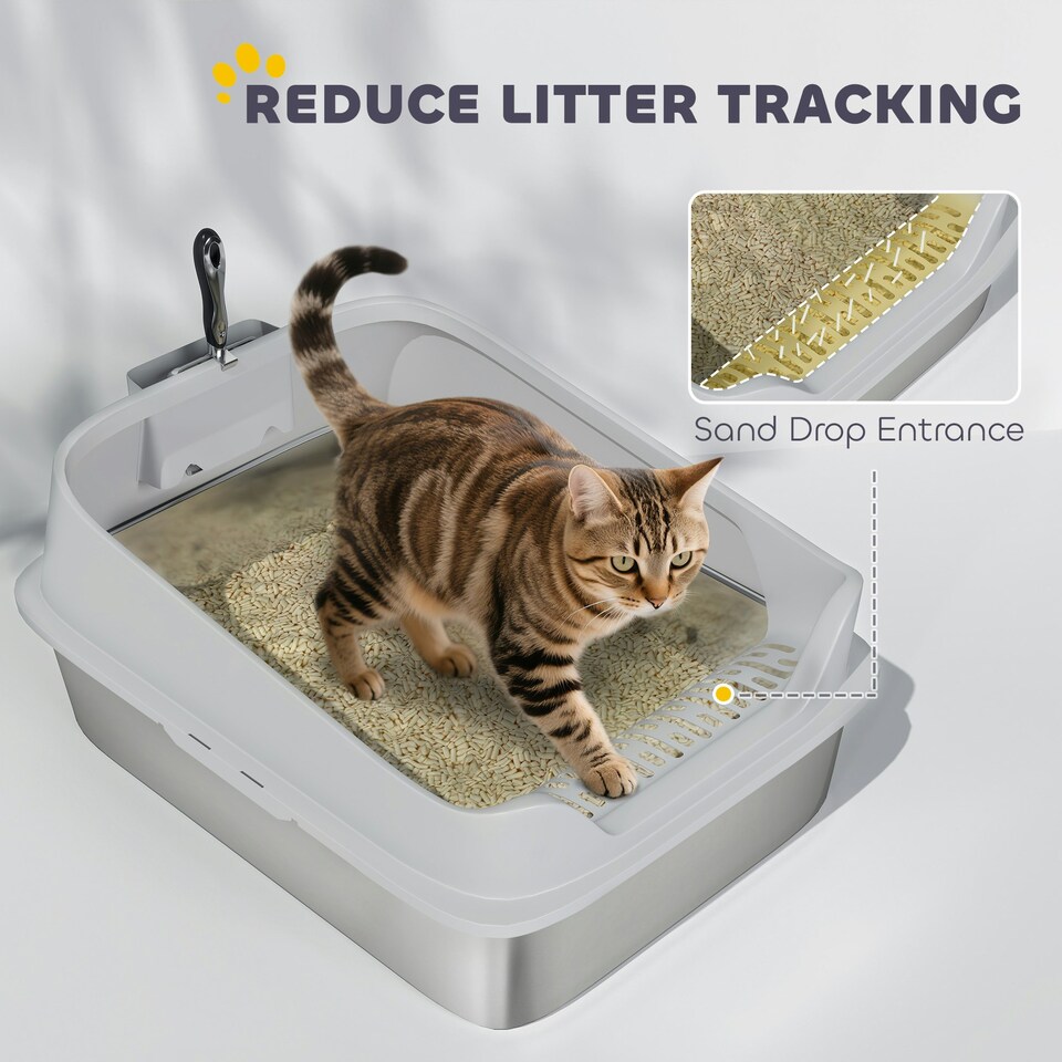 image 1 of PawHut Stainless Steel Cat Litter Box with High Sides Grey | L