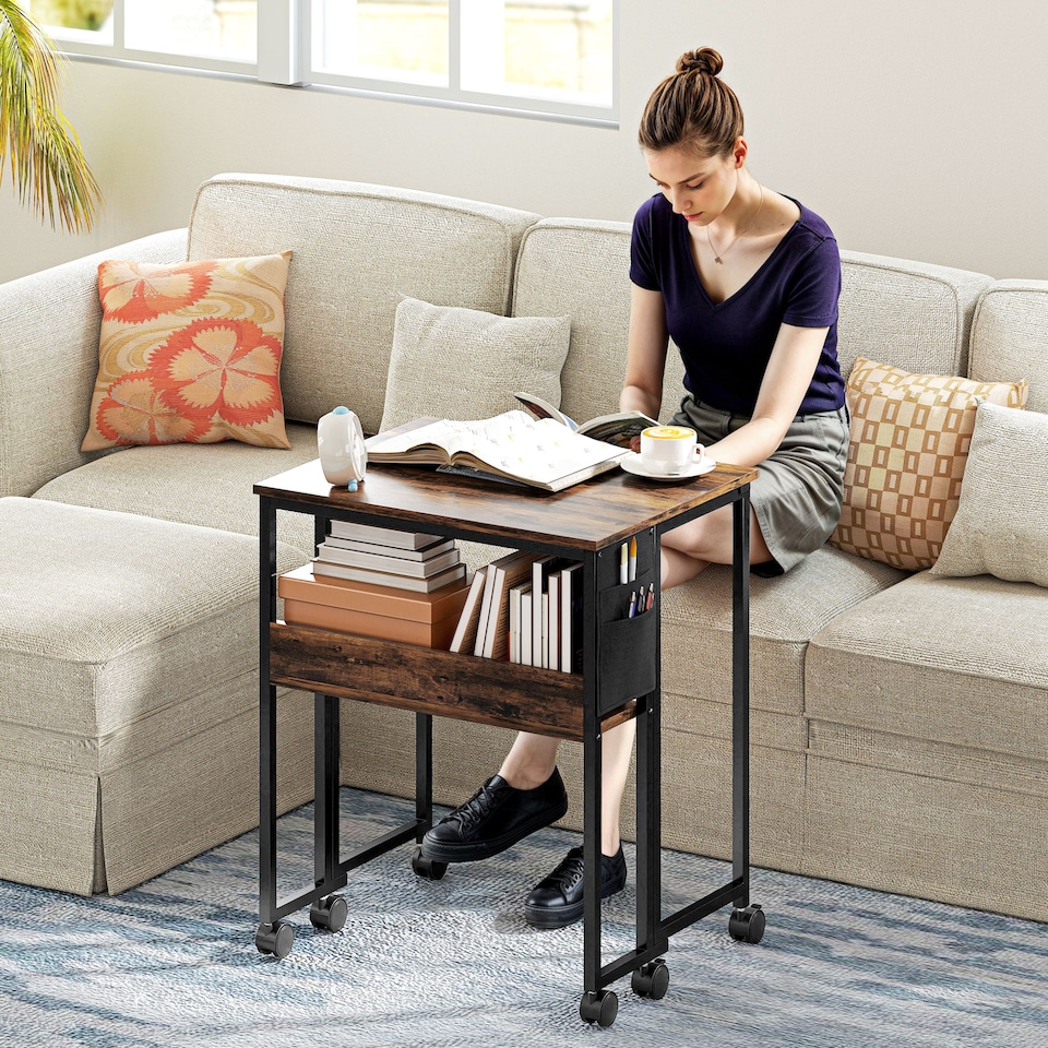 image 1 of HOMCOM Folding Desk with Storage Shelf and Bag, 63 cm Foldable Computer Desk for Small Spaces, Space Saving Writing Table on Wheels for Home Office, Bedroom, Easy Assembly, Rustic Brown | Brown