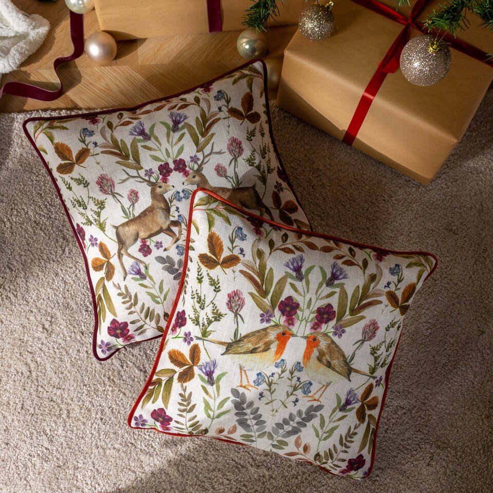 image 1 of Evans Lichfield Mirrored Robin Watercolour Printed Piped Cushion, Sunset, 43 x 43cm