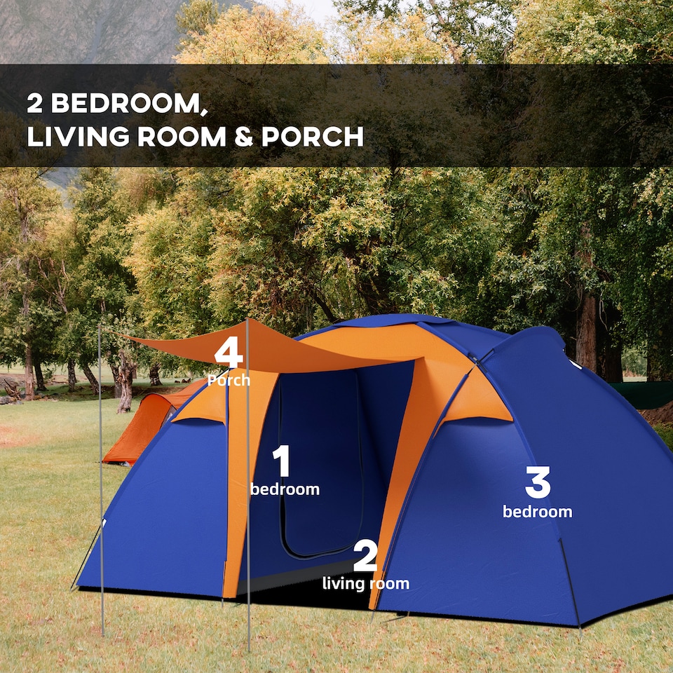 image 1 of Outsunny Camping Tent with 2 Bedroom, Living Area and Awning for 4-6 Person