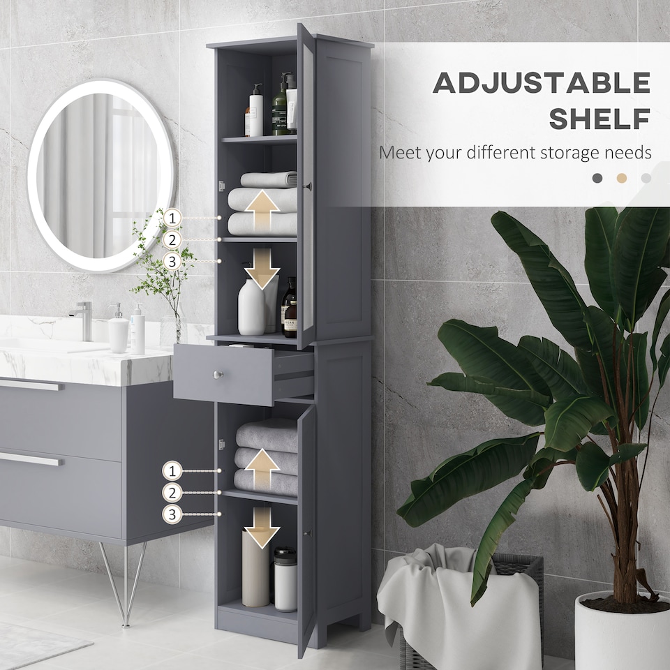 image 1 of kleankin Bathroom Storage Cabinet with 3-tier Shelf Drawer Door, Floor Cabinet Free Standing Tall Slim Side Organizer Shelves, Grey