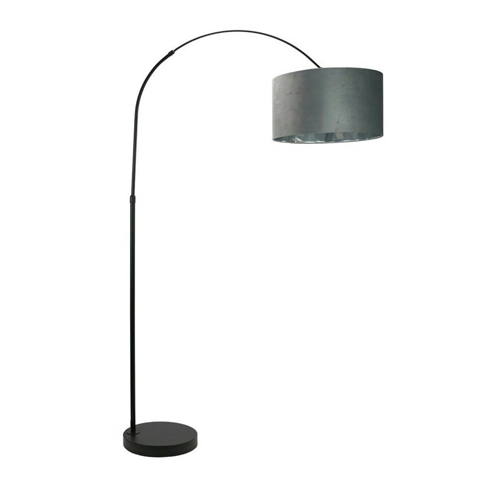 image 1 of ValueLights Louis Black Arched Floor Lamp with Grey Velvet and Metallic Chrome Inner Shade