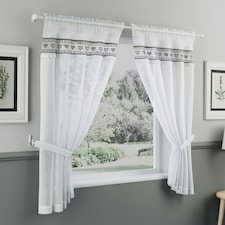Lucy Black Embroidered Heart Design Window Set 140 x 122 cm Rod Pocket Window Set with Frill Edging and 2 Matching Tie Backs