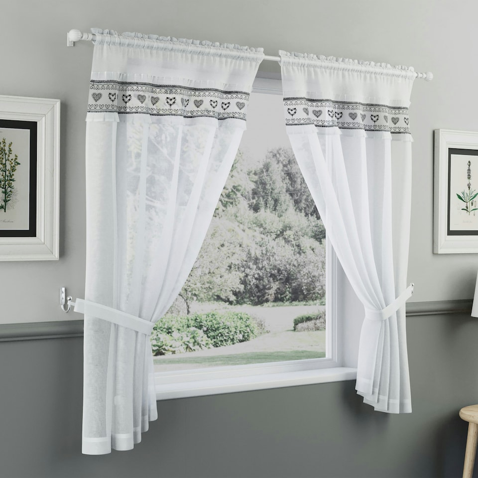 image 1 of Lucy Black Embroidered Heart Design Window Set 140 x 122 cm Rod Pocket Window Set with Frill Edging and 2 Matching Tie Backs