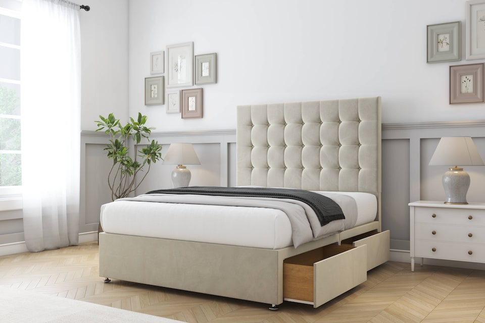image 1 of Sloomy Alabama Cream Plush Divan Bed Base 4 Drawers With 26 Inch Strutted Headboard | Cream | Cream | Double | 1