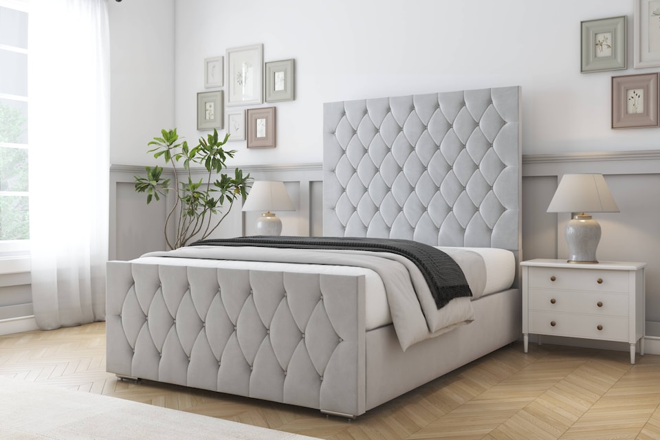 image 1 of Sloomy Watson Silver Plush Bed Frame With 50" Upholstered Headboard 3' Single