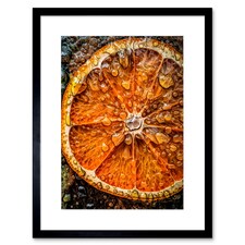 Orange Slice Juice Droplets Macro Painting 9x7" Black Framed Wall Art Print