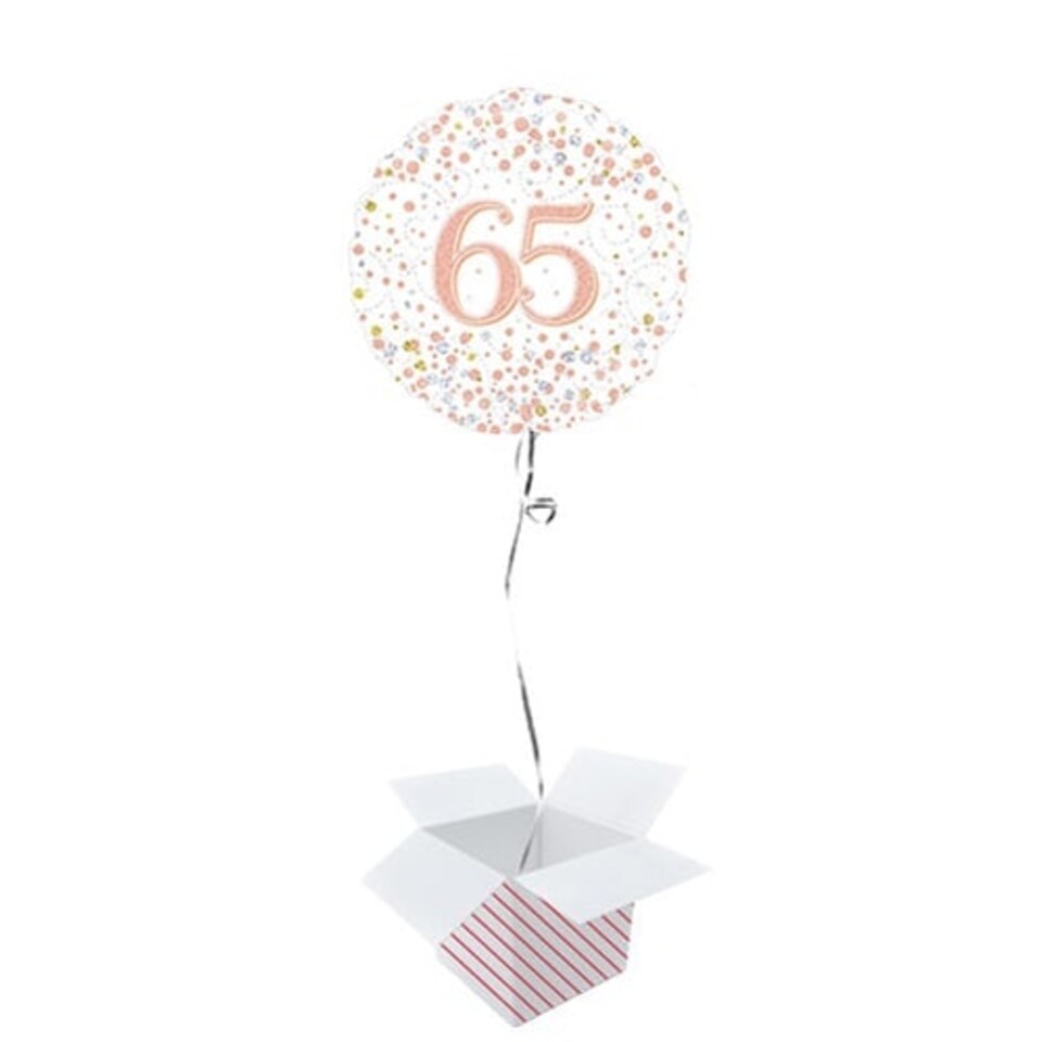 Sparkling Rose Gold 65th Birthday Holographic Round Foil Helium Balloon - Inflated Balloon in a Box