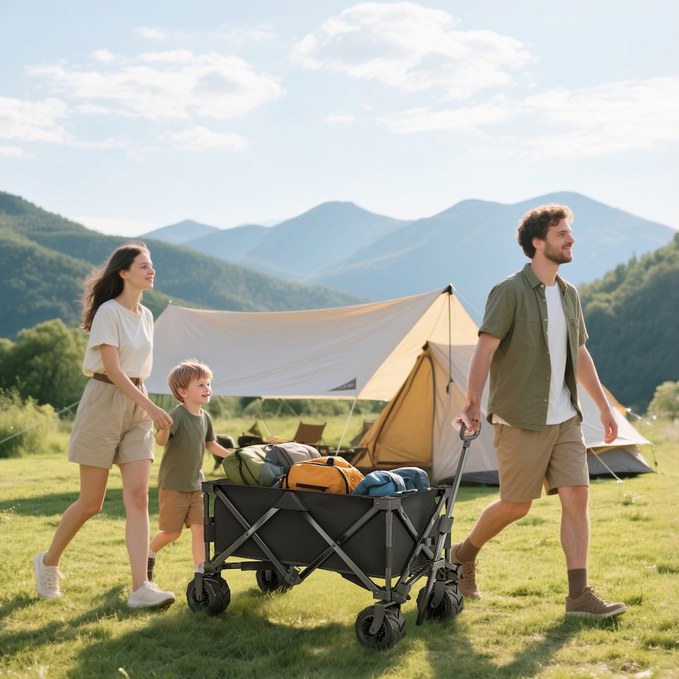 image 1 of Outsunny Outdoor Pull Along Garden Trolley on Wheels Folding Beach Cart Black