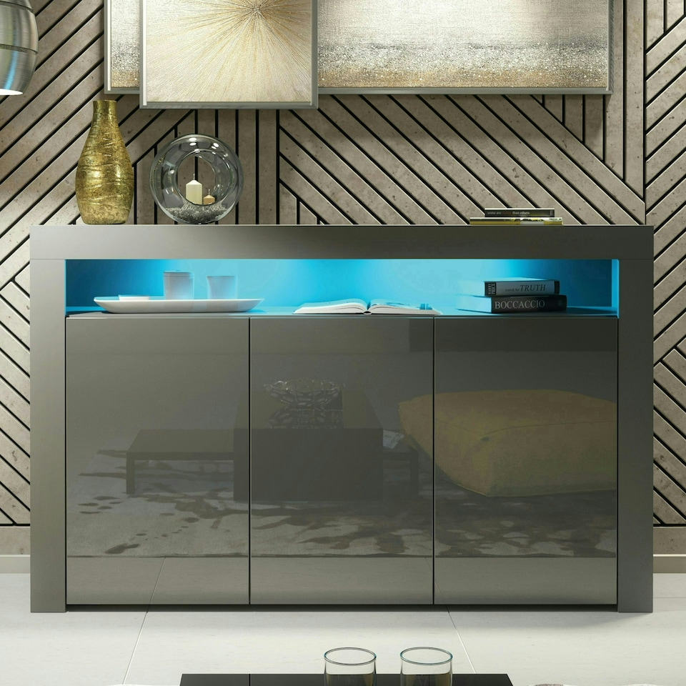 image 1 of Sideboard 155cm Grey Gloss Doors Grey Matt Body Free LED Display Unit Grey