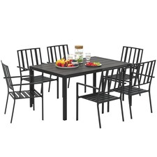 Outsunny 7 Pieces Garden Dining Set with Stackable Chairs, 6 Seater Metal Garden Furniture Set, Outdoor Metal Top Patio Table with Umbrella Hole, Black