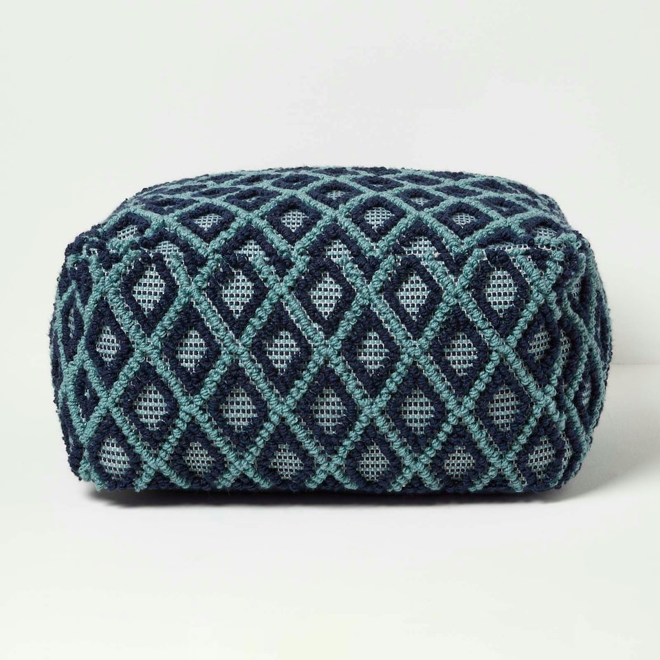 image 1 of Homescapes Tula Handwoven Textured Navy & Teal Pouffe Bean Cube
