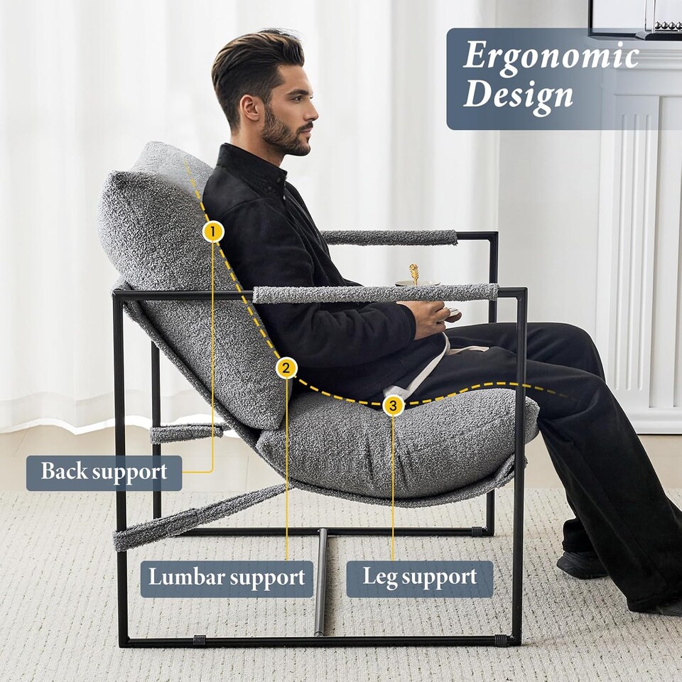 image 1 of Boucle Fabric Lounge Chair with Metal Frame Upholstered Accent chair Luca Grey