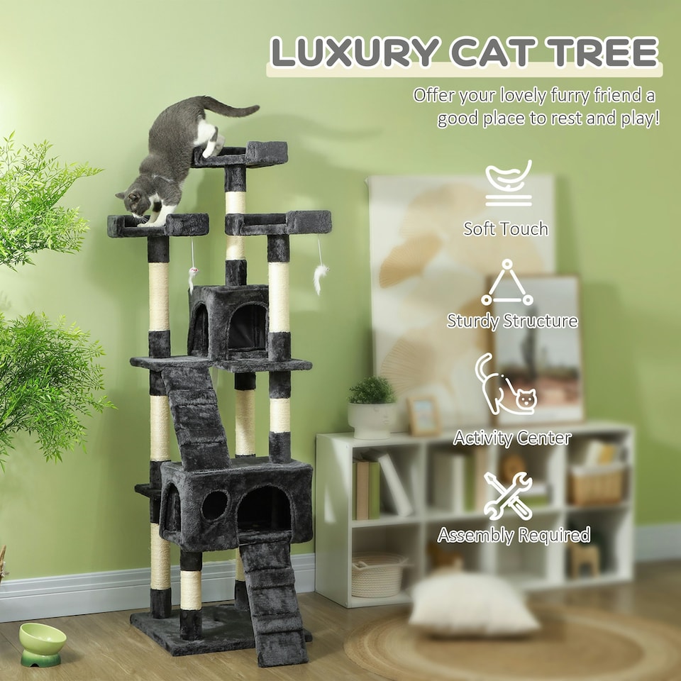 image 1 of PawHut 173cm Cat Tower Scratching Post Activity Centre for Indoor Grey