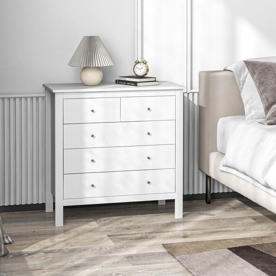 image 1 of HOMCOM Modern Chest of Drawers, 5 Drawer Storage Cabinet with Metal Handles and Runners for Bedroom, White