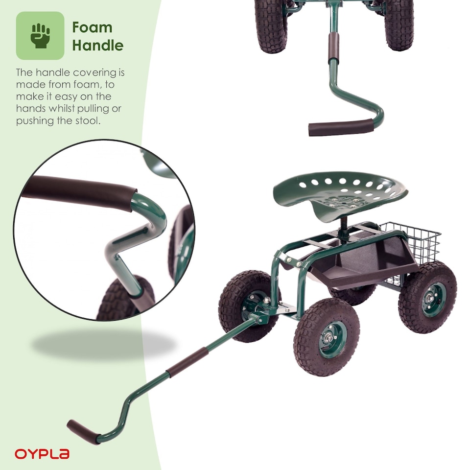 image 1 of Outdoor Rolling Garden Seat Wheeled Stool with Tool Tray & Basket | Green