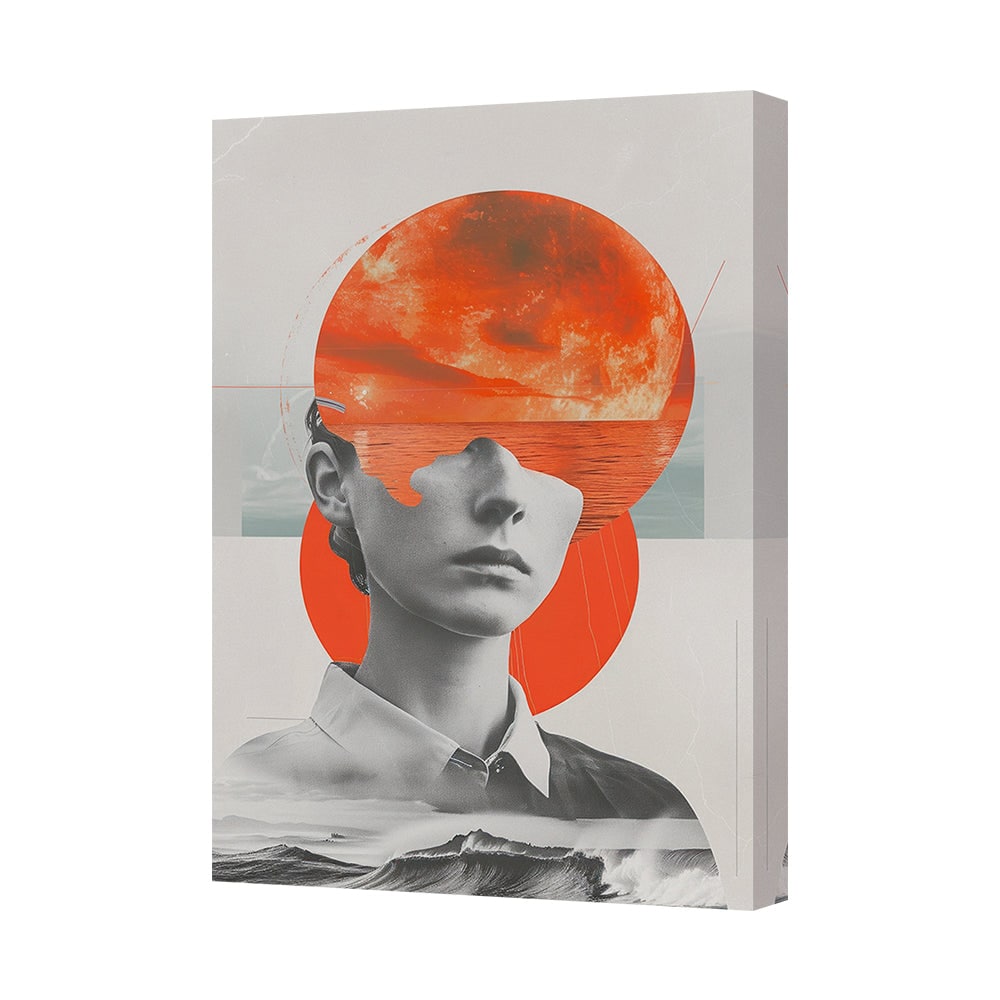 Contemporary Abstract Portrait Canvas Art Print With Orange Sun