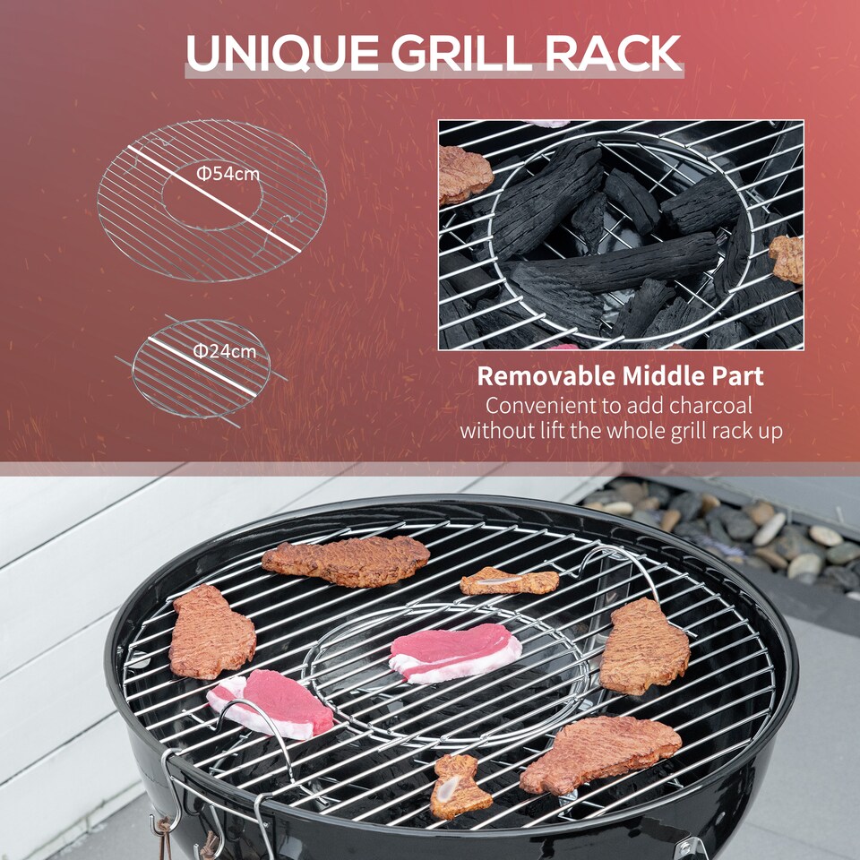 image 1 of Outsunny Portable Kettle Charcoal Grill BBQ Smoker w/ Cover, Lid, & Thermometer | Black | Black