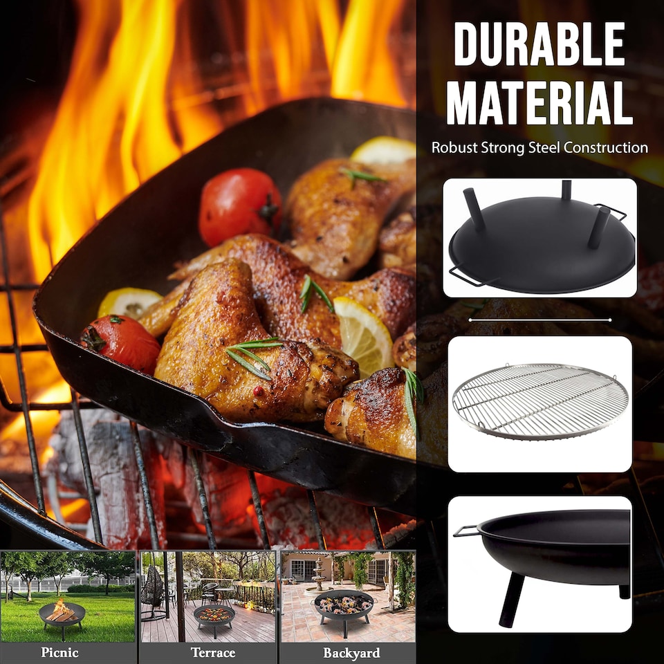 image 1 of 23 Inch Large Round Steel Fire Pit Garden Camping Burner & BBQ Grill