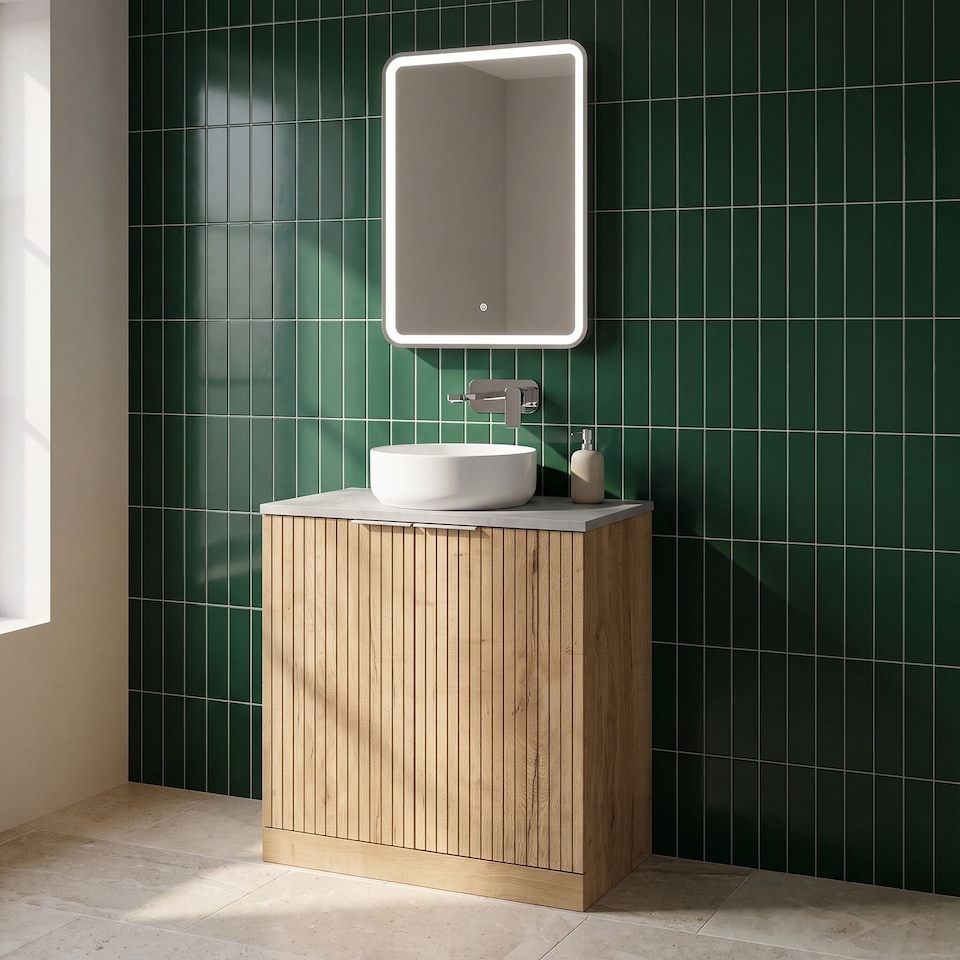 image 1 of Balterley Callingwood Contemporary Floor Standing 2 Door Vanity Unit with Bellato Grey Laminate Worktop , 800mm, Autumn Oak