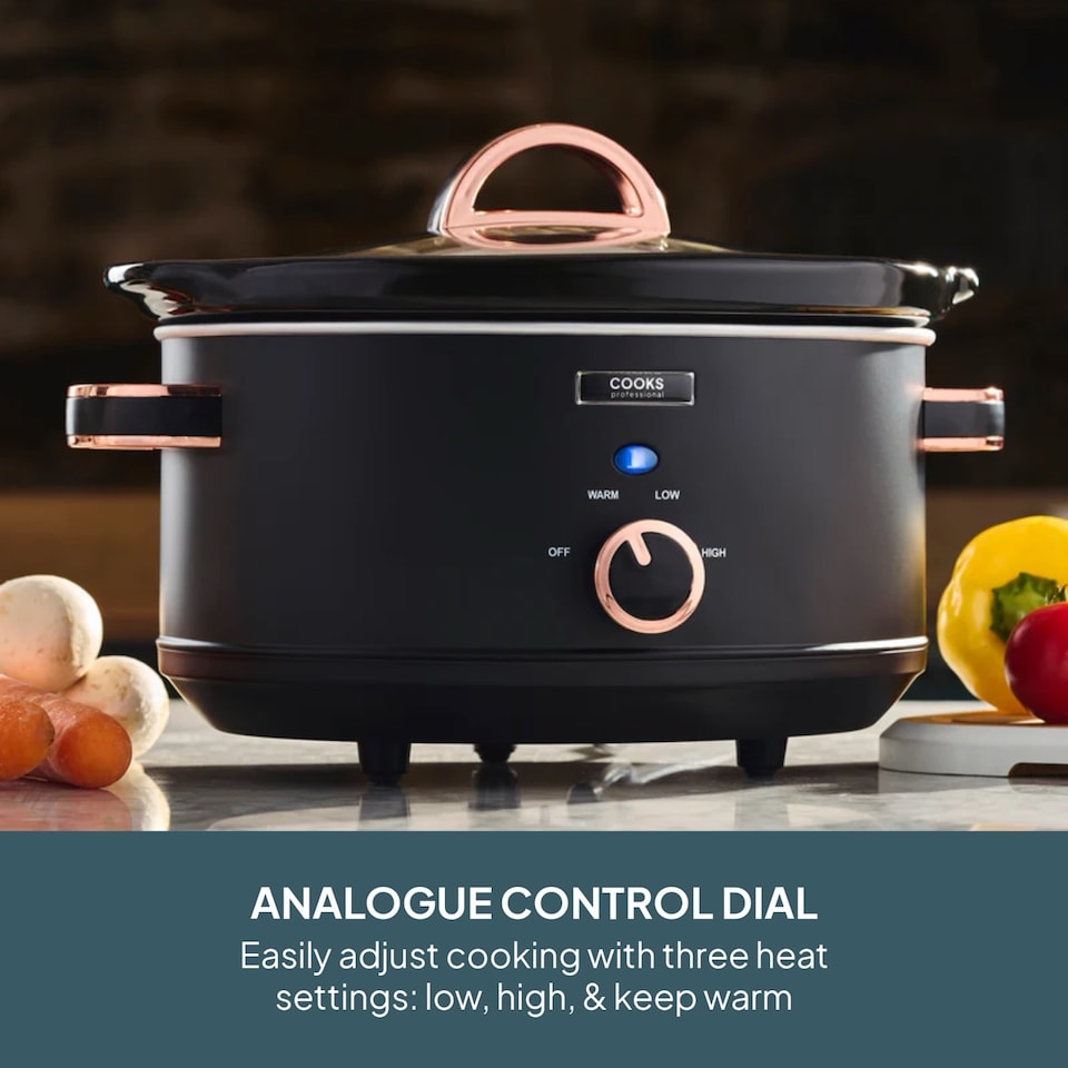 image 1 of Cooks Professional 3.5L Slow Cooker with Lid, Removable Bowl & 3 Heat Settings | Black | Black & Copper