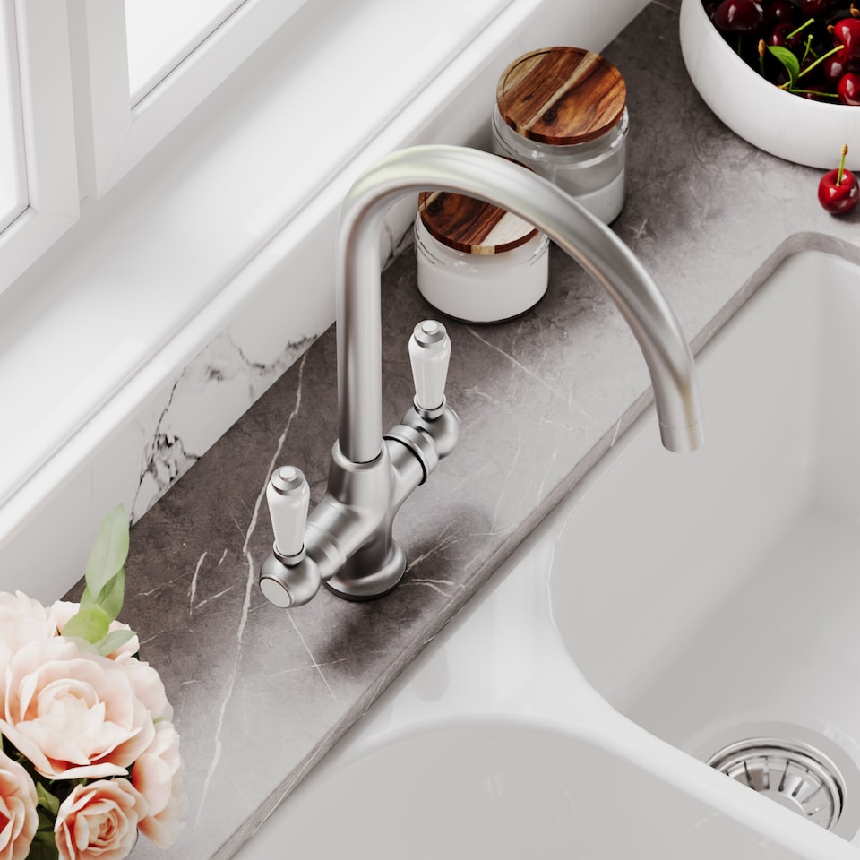 image 1 of Traditional Kitchen Sink Mono Mixer Tap, Brushed Nickel White Lever | Silver | Brushed Nickel | 1