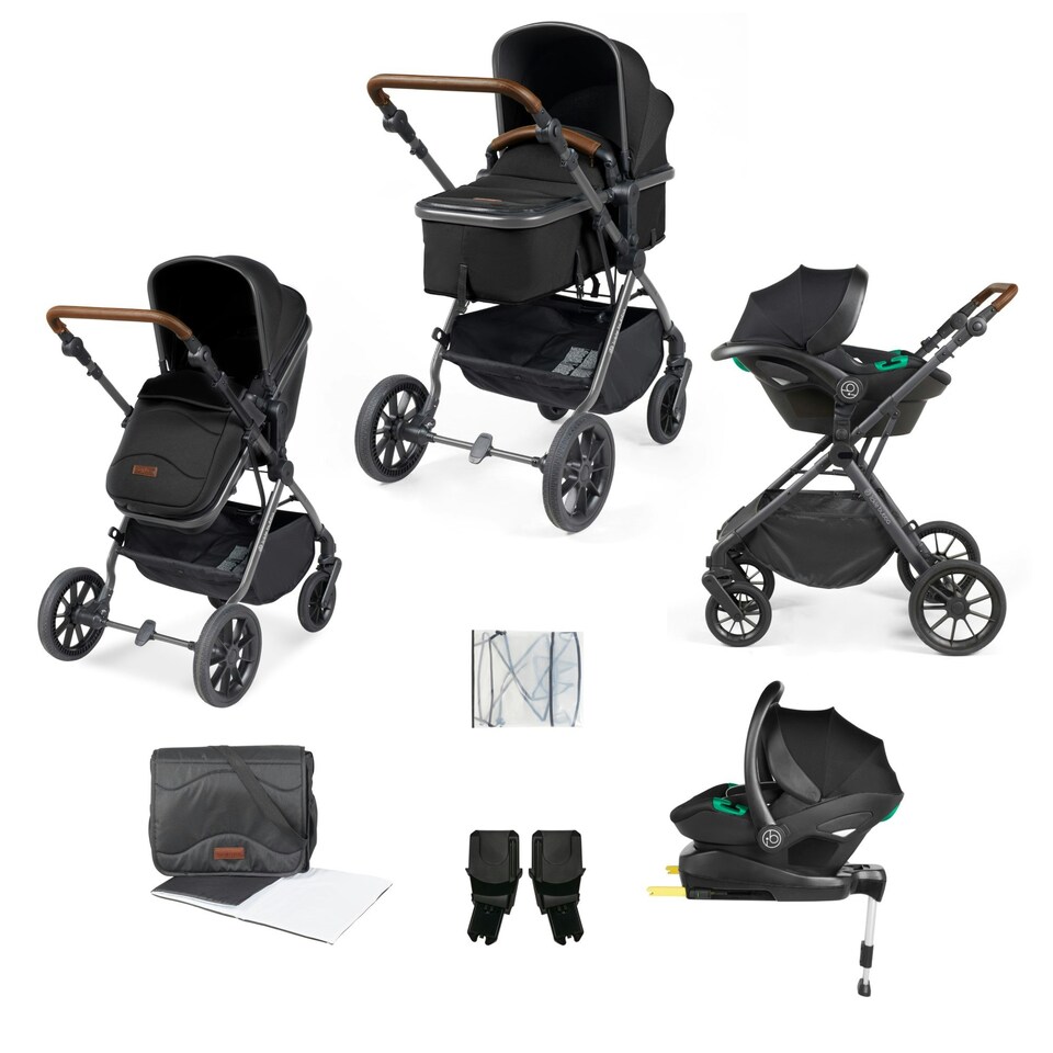 image 1 of Cosmo Travel System & Stratus (Black) - Birth to 22kg (Approx. 4 Years). Convertible Seat, UPF 50+ Hood, Footwarmer, Apron, Raincover, Changing Bag & Mat