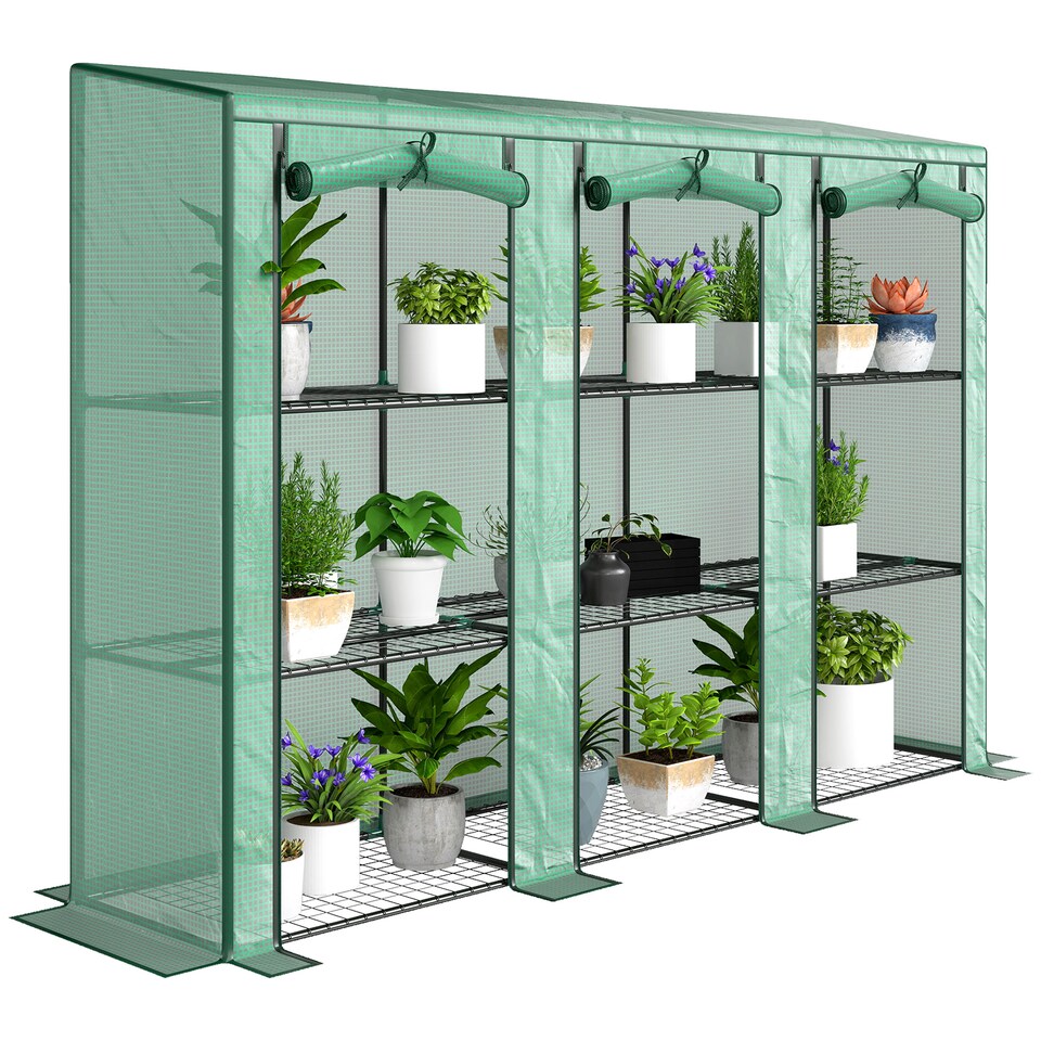 image 1 of Outsunny 3 Tier Lean-to Mini Greenhouse with PE Cover, Green | Green | Green | 215L x 46W x 151H cm