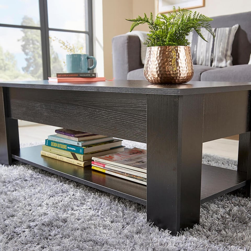 image 1 of Wooden Coffee Table With Lift Up Top Storage Area and Magazine Shelf | Black