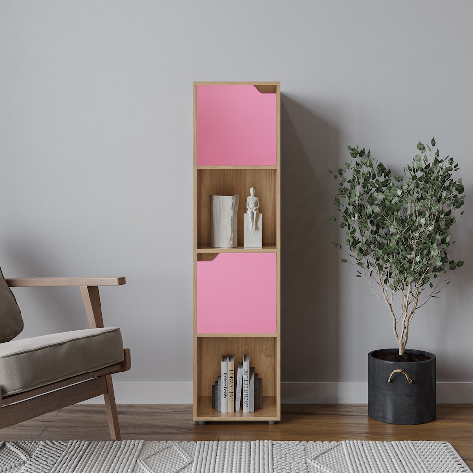 image 1 of 4 -Cube Tall Shelving Unit With Wooden Doors | Brown | Oak & Pink | 1