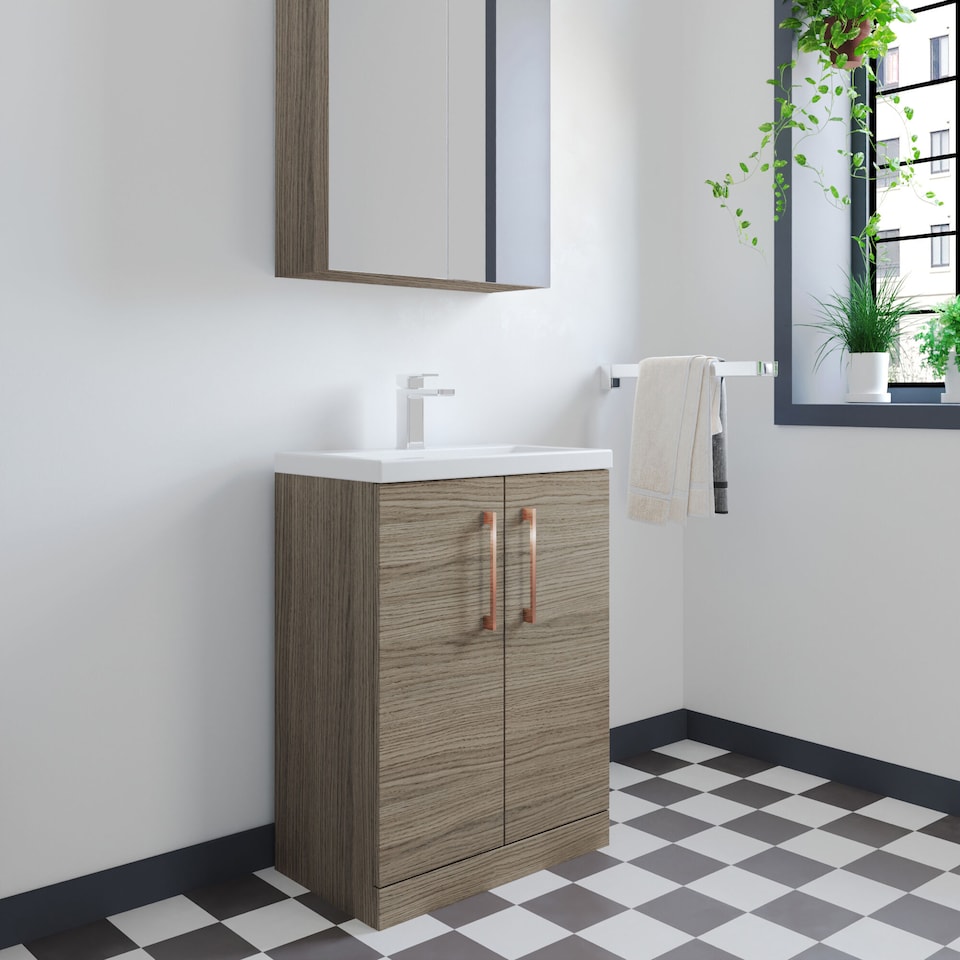 image 1 of Balterley Level Compact Bathroom Cloakroom Vanity Basin Unit with Ceramic Basin, Handles, Mid Oak | Brown | Grey Vicenza Oak | 840 x 620 x 360mm