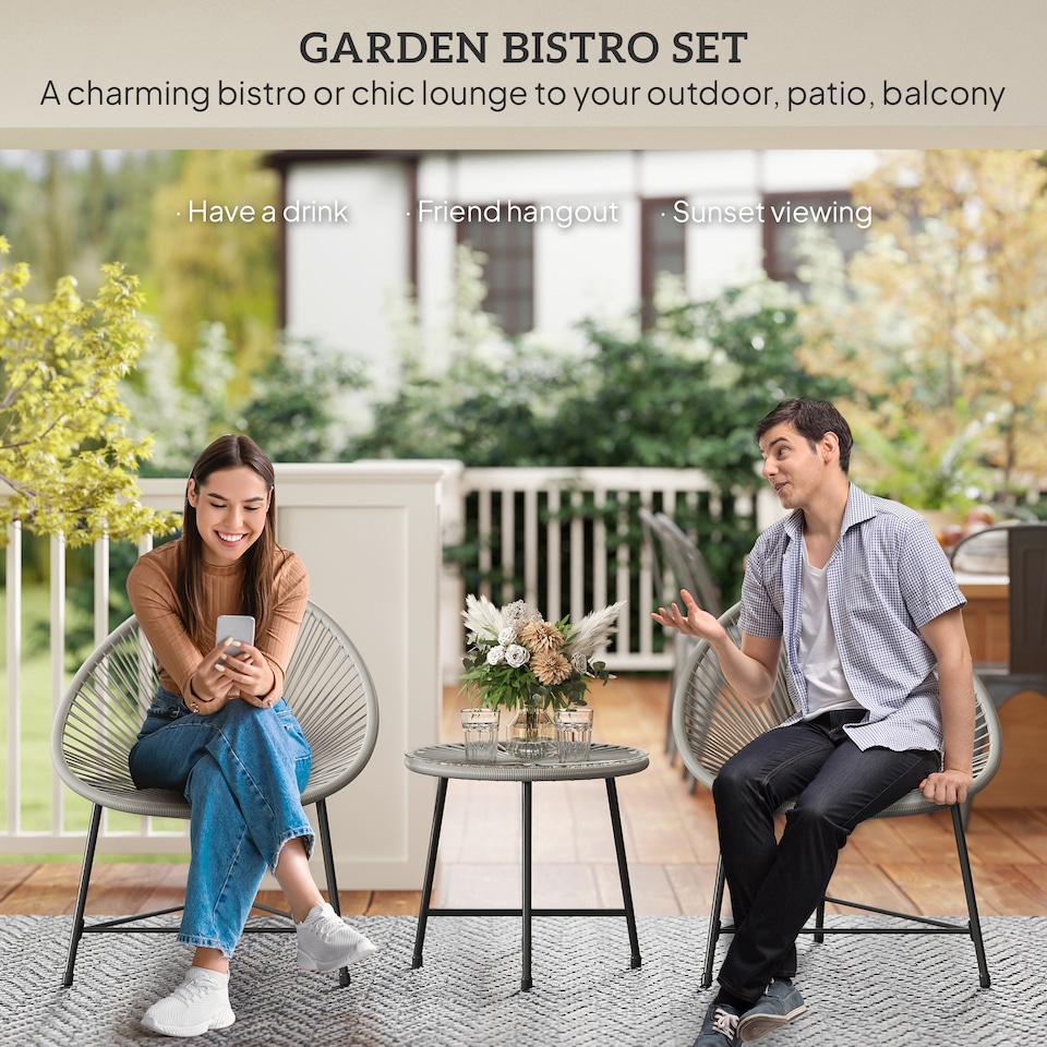 image 1 of Outsunny Rattan Bistro Set with Acapulco Chairs and Glass Table, Grey