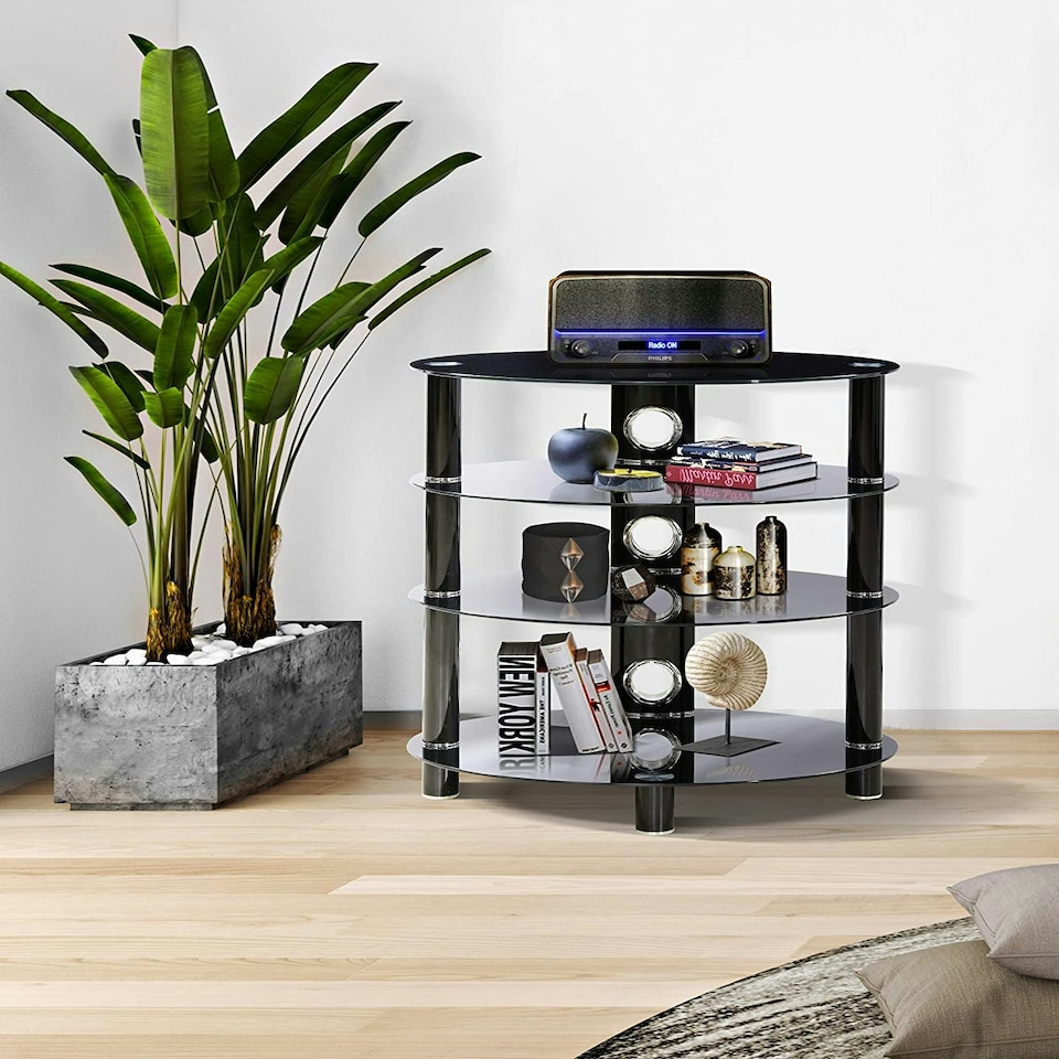 image 1 of Centurion Supports HALIGON 4-Shelf Oval Premium Gloss Black Glass with Black Legs AV Rack Black