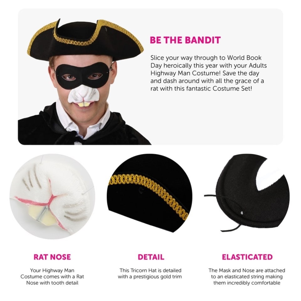 image 1 of Highway Man Costume - Gold Trim Tricorn Hat, Cape, Nose & Mask Black | One Size