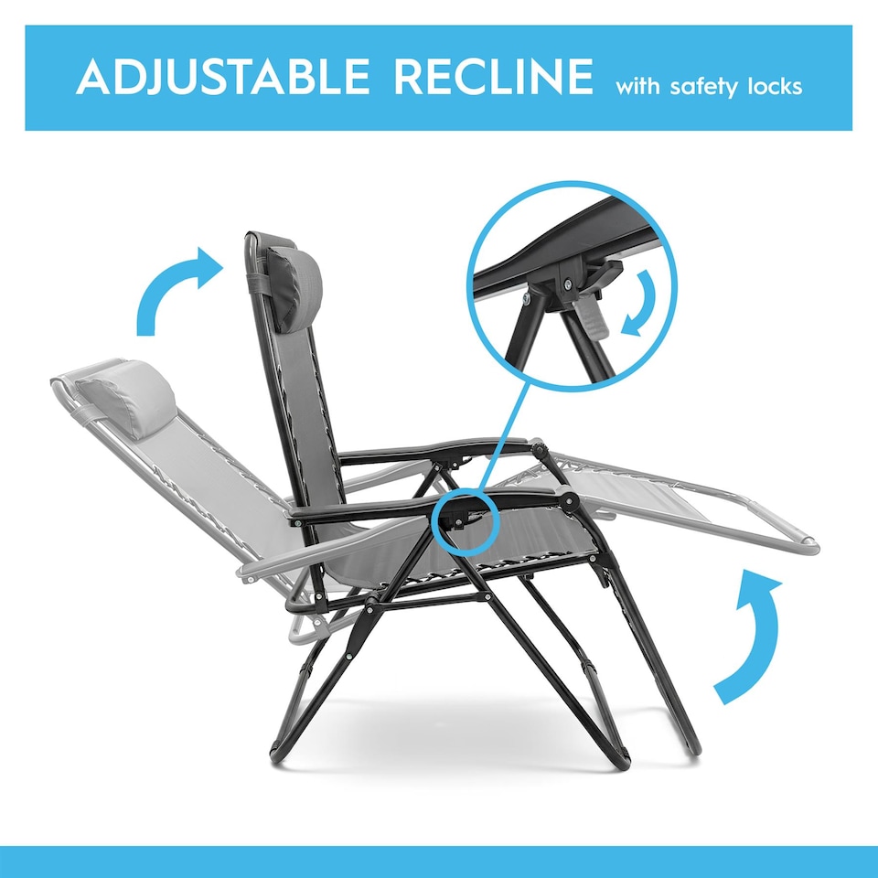 image 1 of Harbour Housewares Zero Gravity Chairs - Grey - Set of 2 - Reclining Folding Garden Patio Beach Loungers with Cup Holders