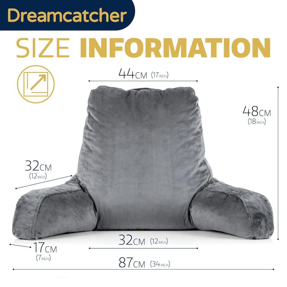 image 1 of Dreamcatcher Grey Reading Pillow Memory Foam Large Bed Cuddle Cushion, Gaming Cushion with Washable Velvet Cover | Grey | Grey | Large | 1