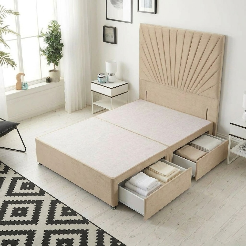 image 1 of Sunburst Divan Bed with 4 Drawers & 54'' Floor Standing Headboard Plush Velvet | Brown | Beige