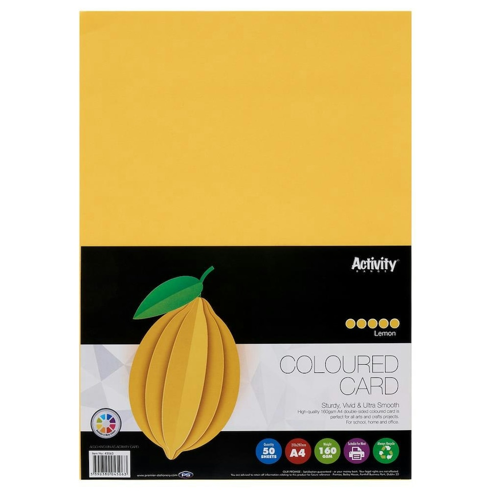 image 1 of Pack of 50 Sheets A4 Lemon Yellow 160gsm Card by Premier Activity