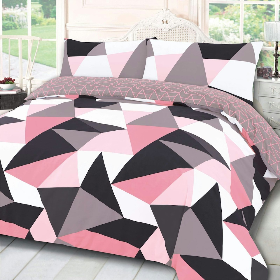 OHS Geometric Shapes Duvet Cover and Pillowcase Set, Double - Blush Pink
