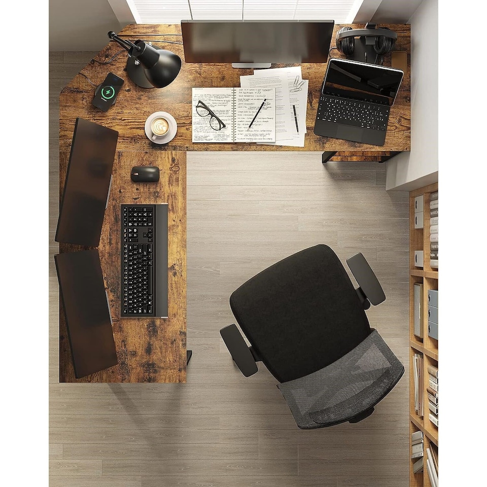 image 1 of Space Saving L-Shaped Computer Desk with Shelves, Home Office Workstation, Rustic Brown and Black