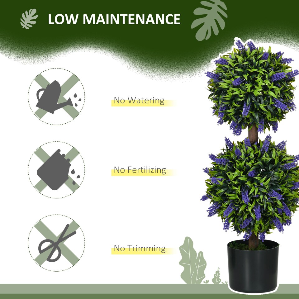 image 1 of HOMCOM Set of 2 Decorative Artificial Plants Ball Trees with Lavender Flowers in Pot Fake Plants for Home Indoor Outdoor Decor, 70cm, Green