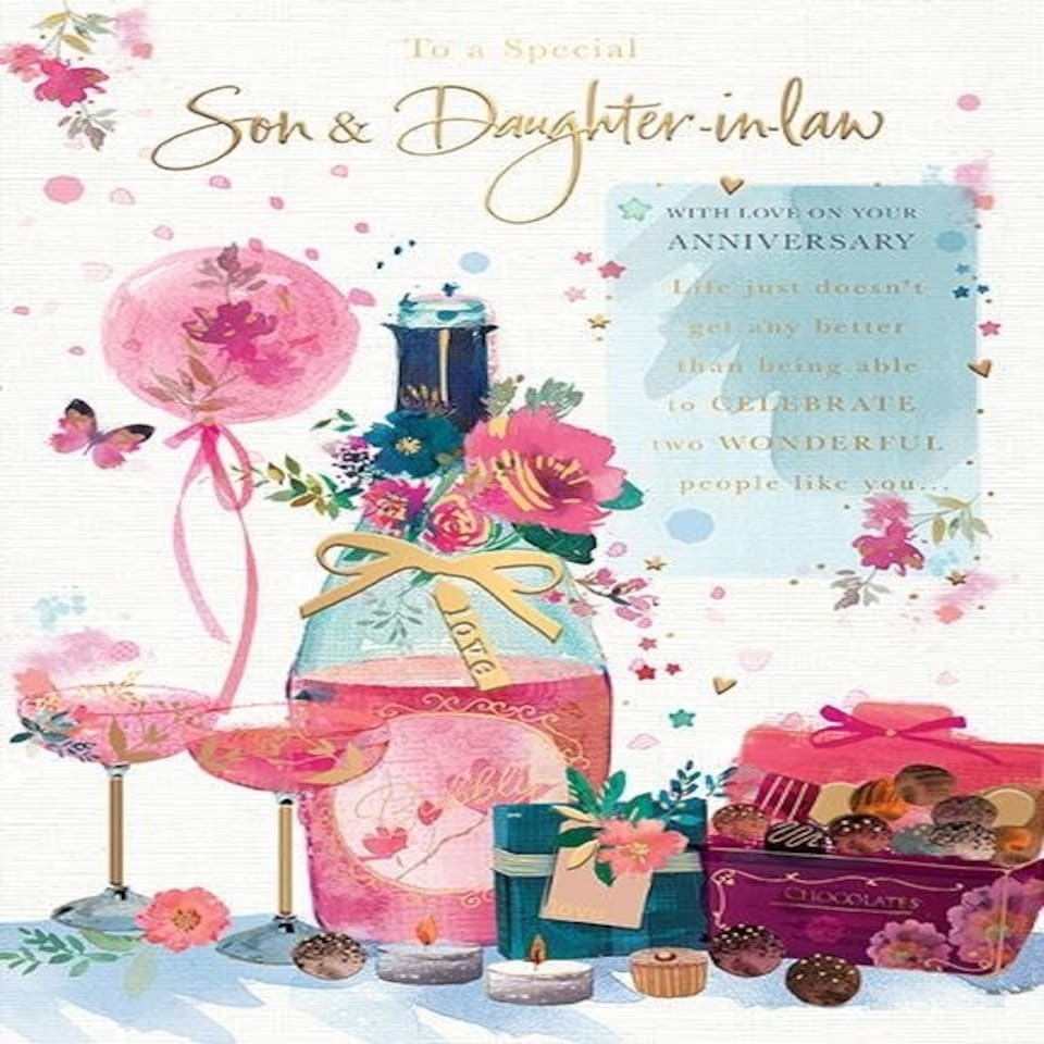 Words n Wishes Special Son & Daughter in Law Anniversary Card - Champagne Chocolates Candles