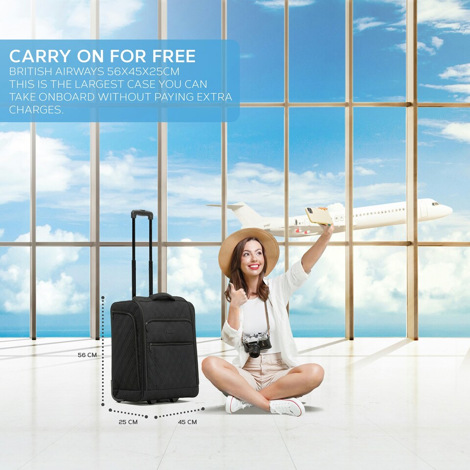 image 1 of Flight Knight 56x45x25cm easyJet & British Airways Large Carry On Approved Maximum Size Hand Luggage - 2 Wheels - Lightweight Durable Textile Cabin Suitcase Blue | Navy | Cabin Bag